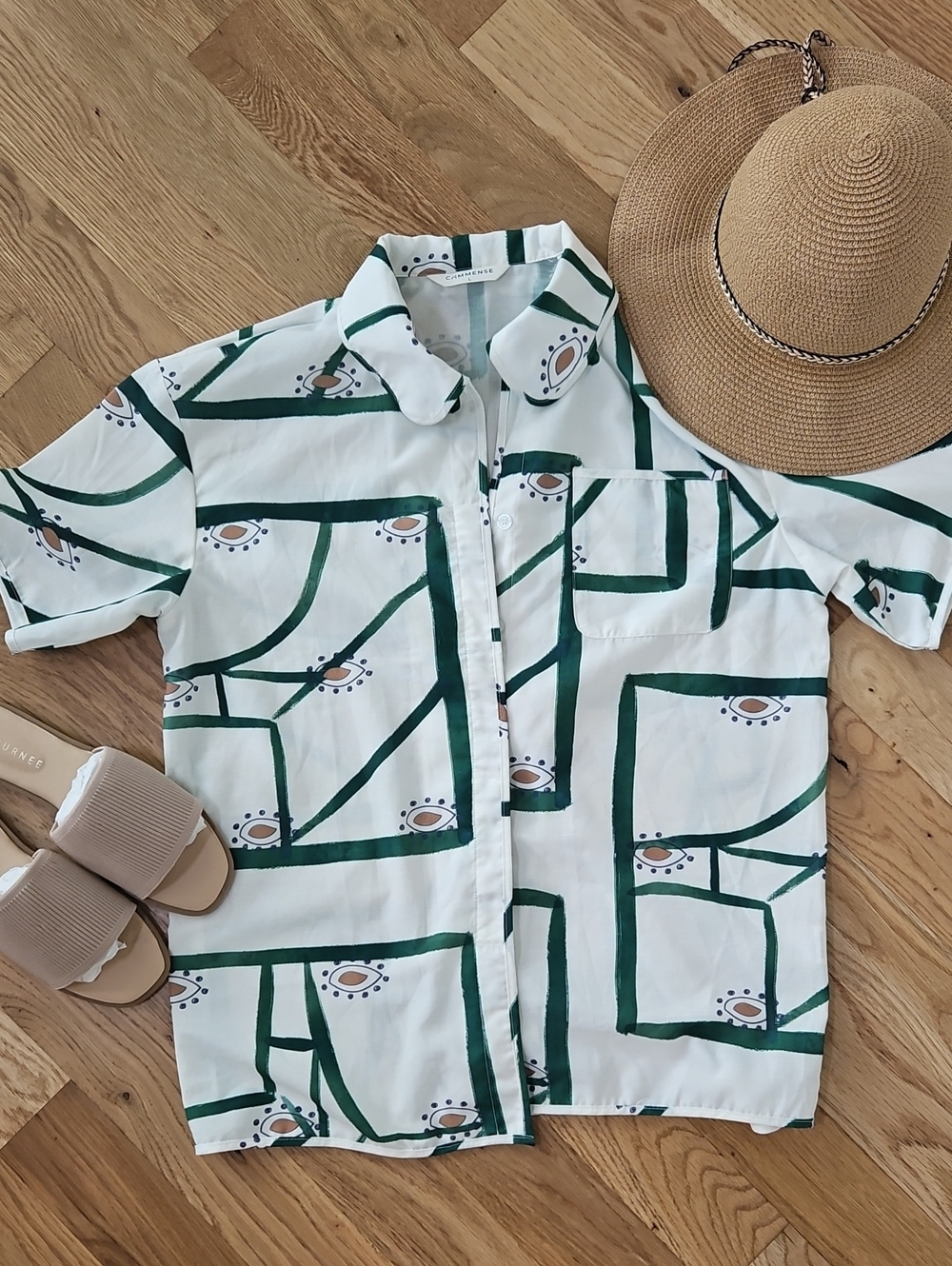 Commense White Shirt with Green Geometric Motifs